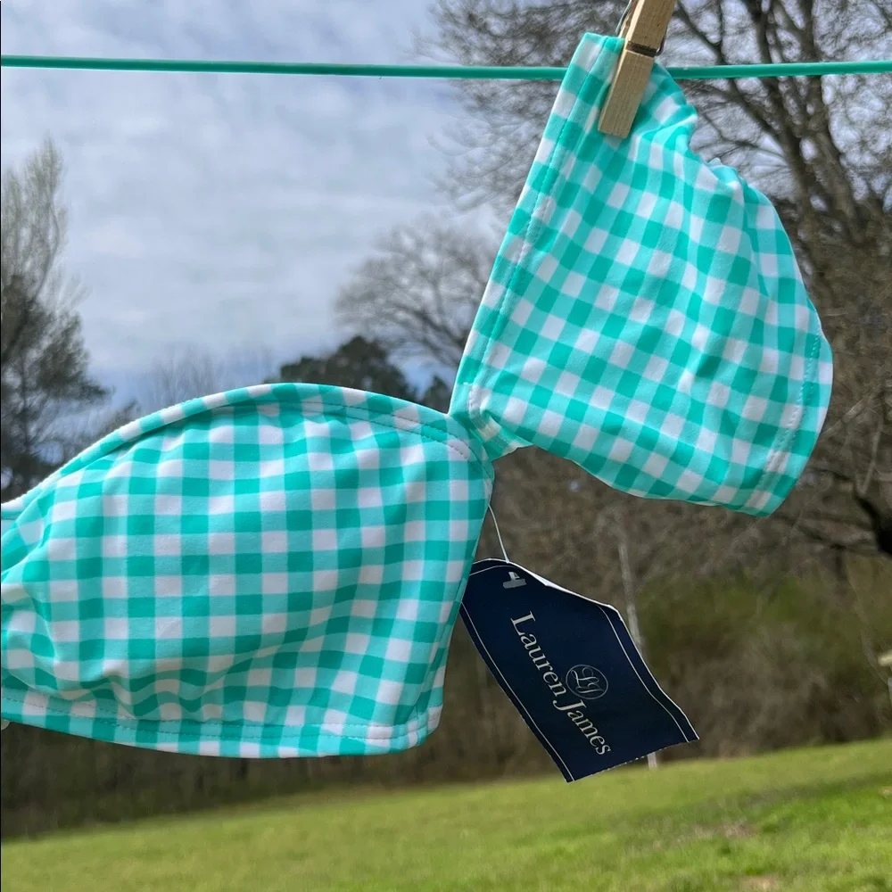 NWT $62 Gingham Off-The-Shoulder Bandeau Bikini Top in Aqua Mist by Lauren James